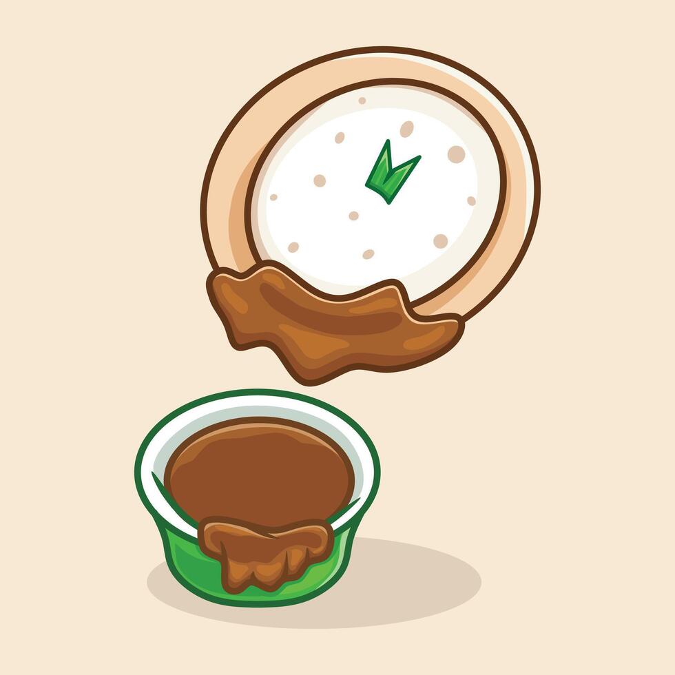 Cute cartoon illustration of serabi cake, a traditional Indonesian food originating from Java. Serabi is usually served with granulated sugar or coconut milk sauce. vector