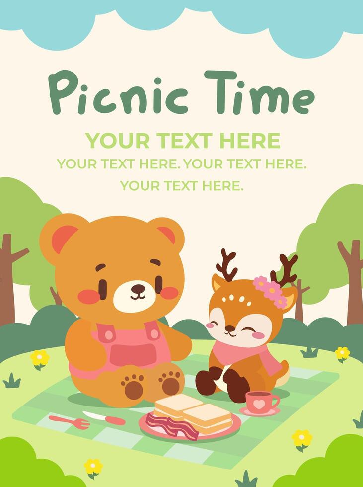 Adorable Bear and Deer Enjoying a Picnic in the Forest. Kawaii Picnic Scene with a Cute Bear and Deer in Nature. vector