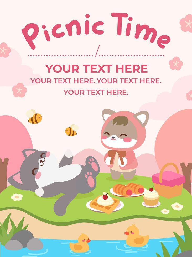 Cute Spring Picnic with Adorable Cats and Cherry Blossoms. Relaxing Picnic by the Lake with Cute Cartoon Cats. vector