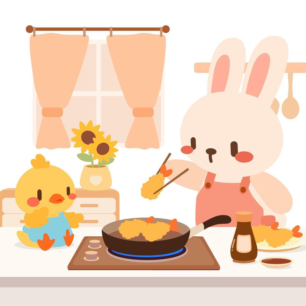 Cute Bunny Cooking Tempura with Little Duck in Cozy Kitchen. Adorable Cartoon Rabbit and Duck Frying Shrimp Tempura. Kawaii Bunny Chef Making Tempura with Duck Friend. vector