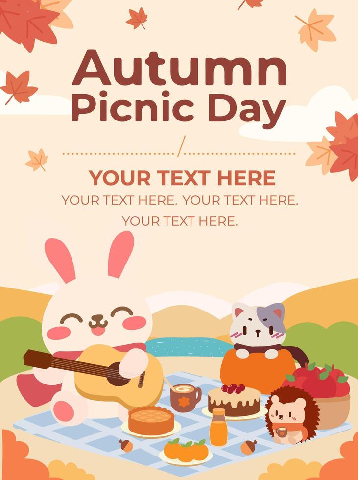 Adorable Autumn Picnic with Cute Bunny, Cat, and Hedgehog. vector