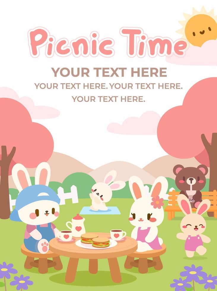 A kawaii style illustration of bunny friends having a fun picnic in a beautiful park, enjoying tea and snacks under a bright sunny sky. vector