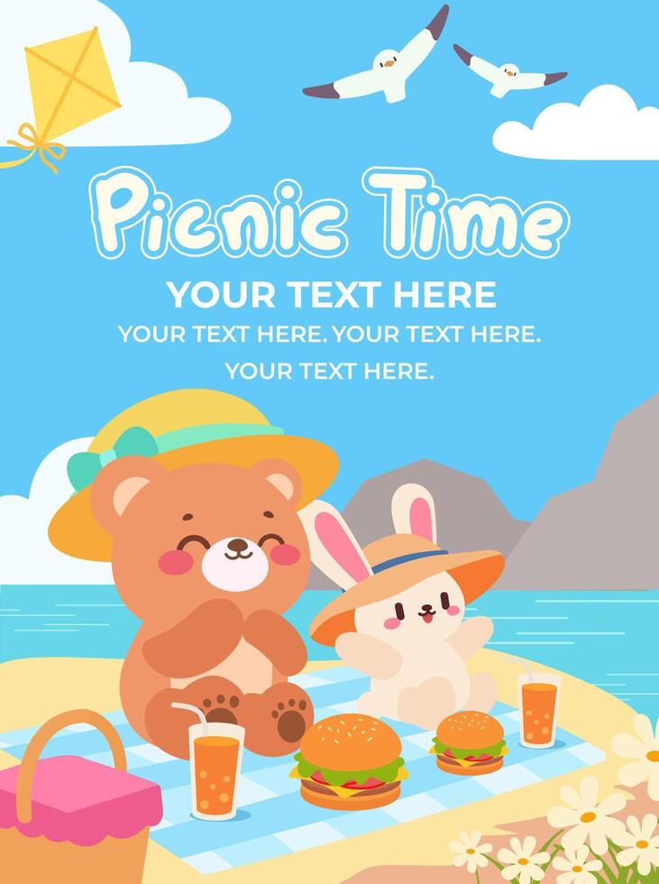 Cute Bear and Bunny Enjoying a Beach Picnic. Adorable Summer Picnic Scene with Bear and Bunny. vector