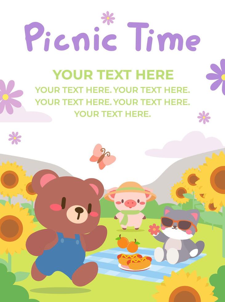 Kawaii Bear, Pig, and Cat Enjoying a Fun Picnic in a Sunflower Meadow. Pastel Cartoon Picnic with Cute Animals in a Whimsical Outdoor Setting. vector