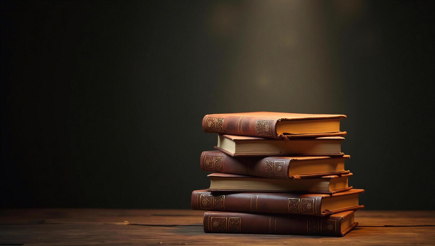a stack of books on a table with a spotlight photo