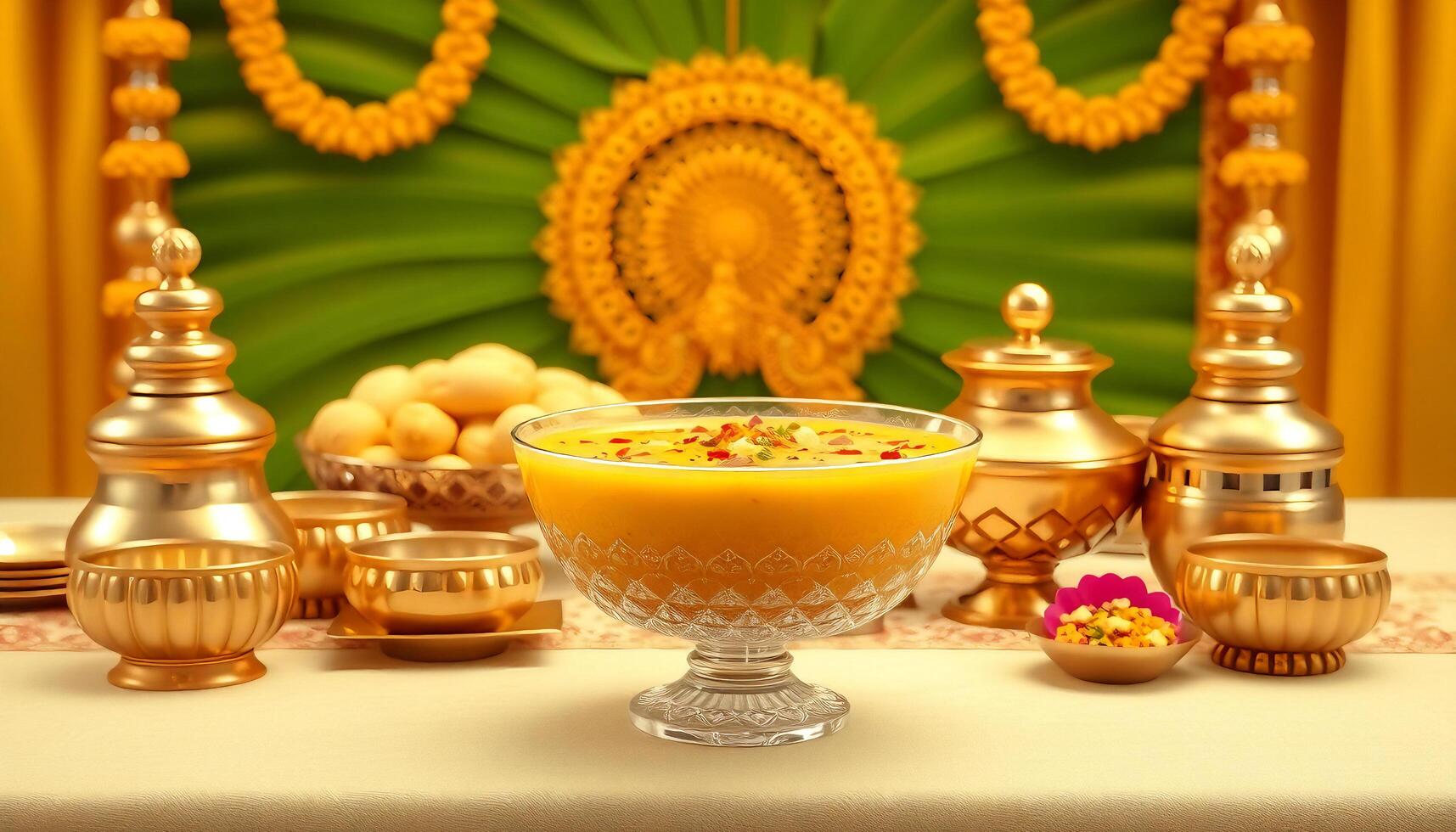 a bowl of yellow liquid with gold decorations on a table photo