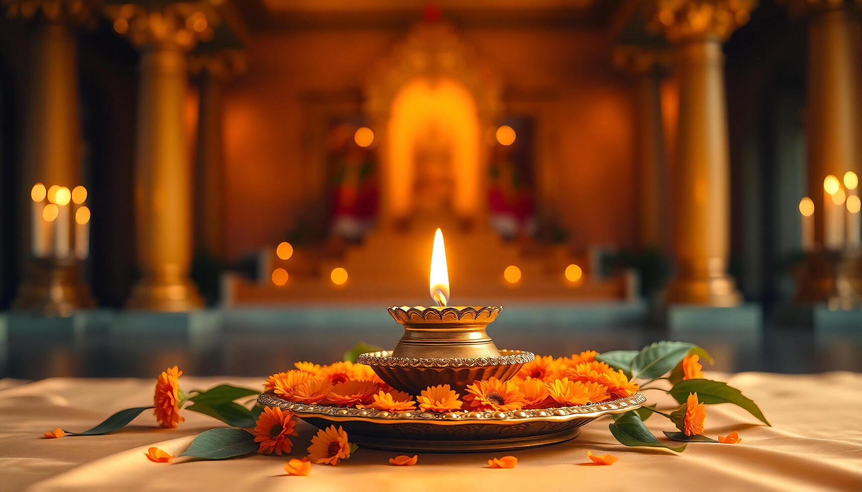 a candle is lit in front of a temple photo