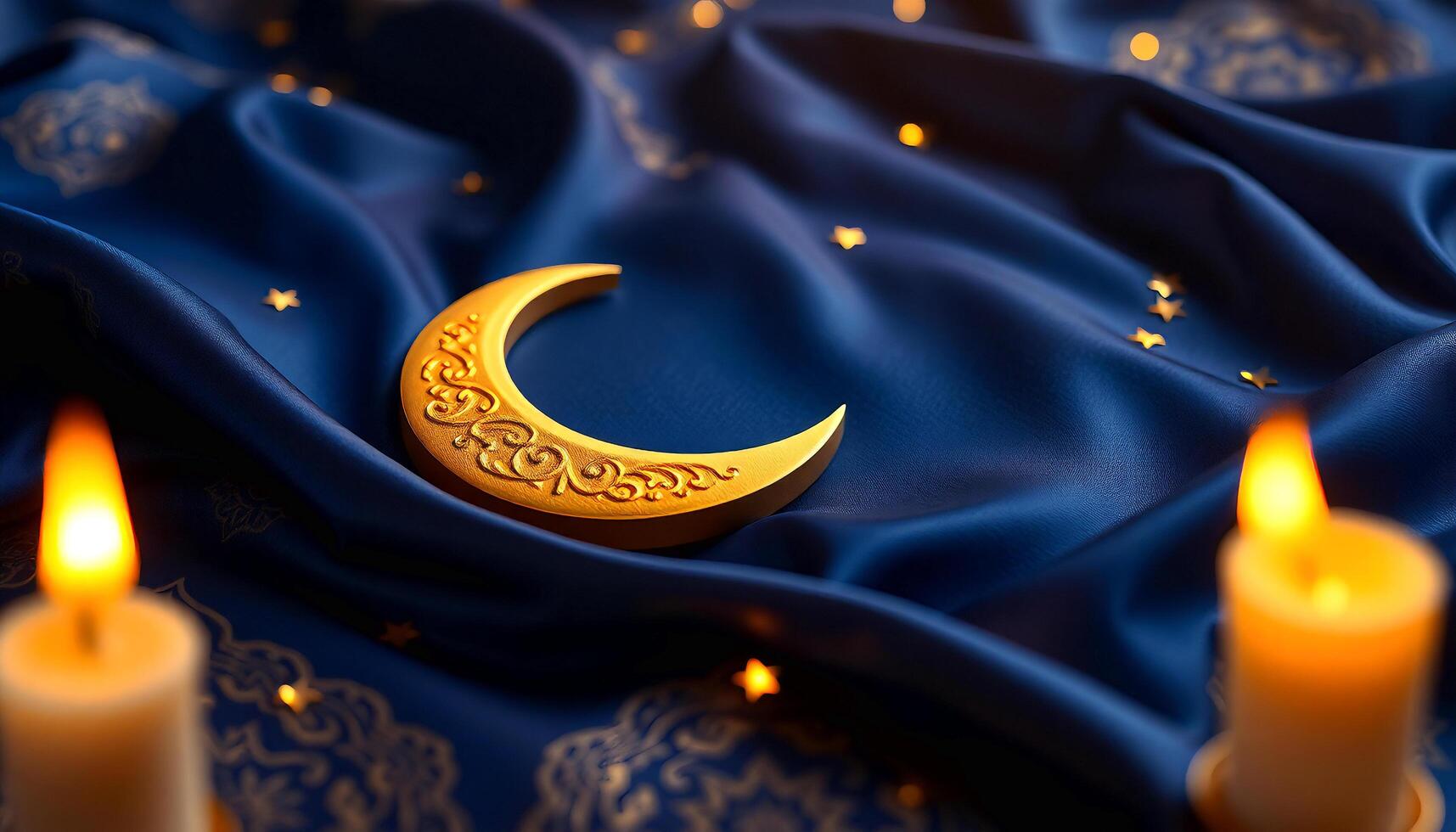 a crescent and two candles on a blue cloth photo