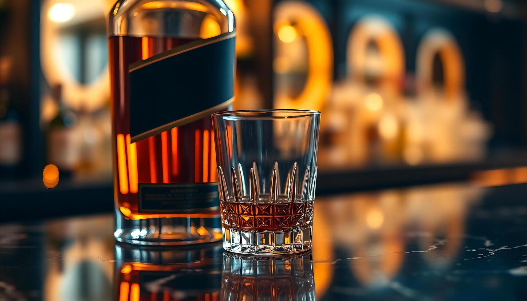 a bottle of whisky and a shot glass on a bar counter photo