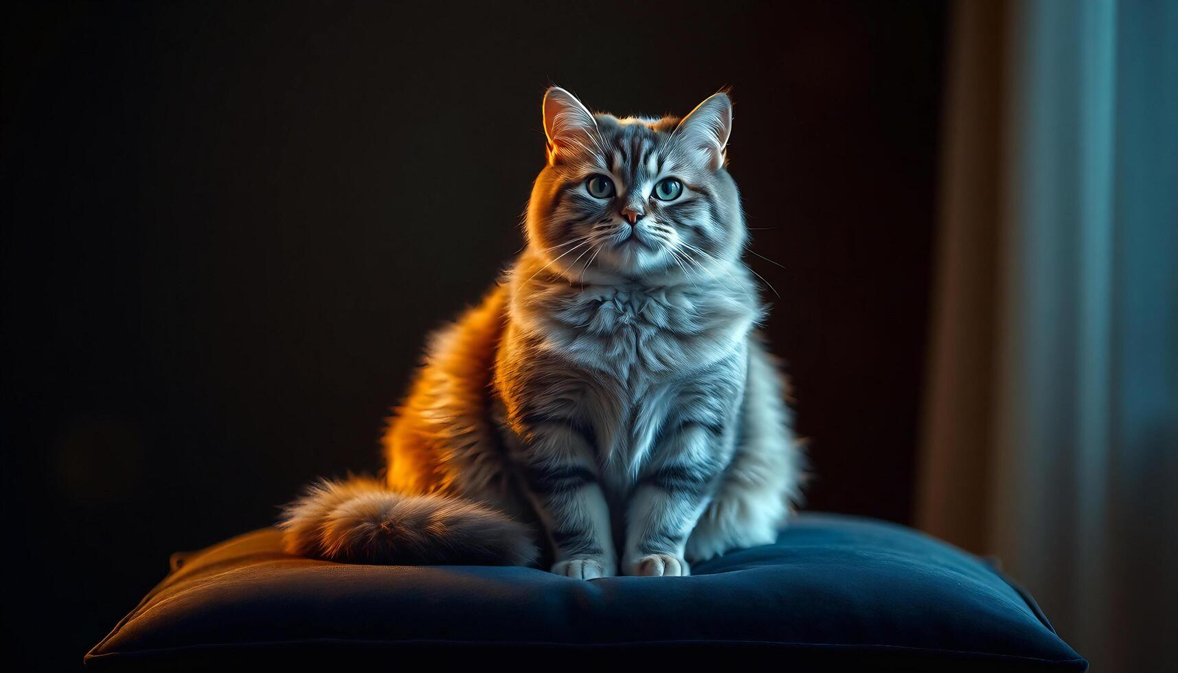 a cat sitting on a blue pillow in front of a window photo