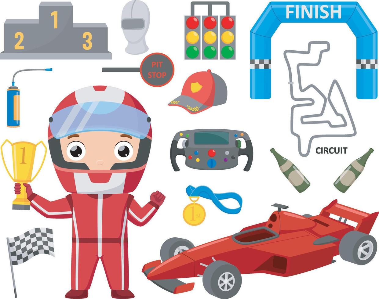 Set of formula racing car elements cartoon vector