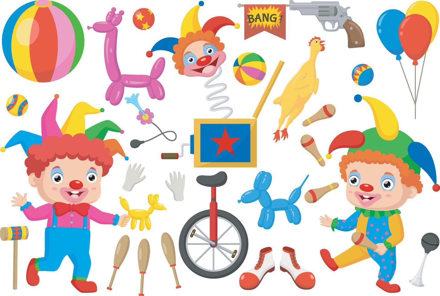 Cute joker with set of clown elements cartoon vector