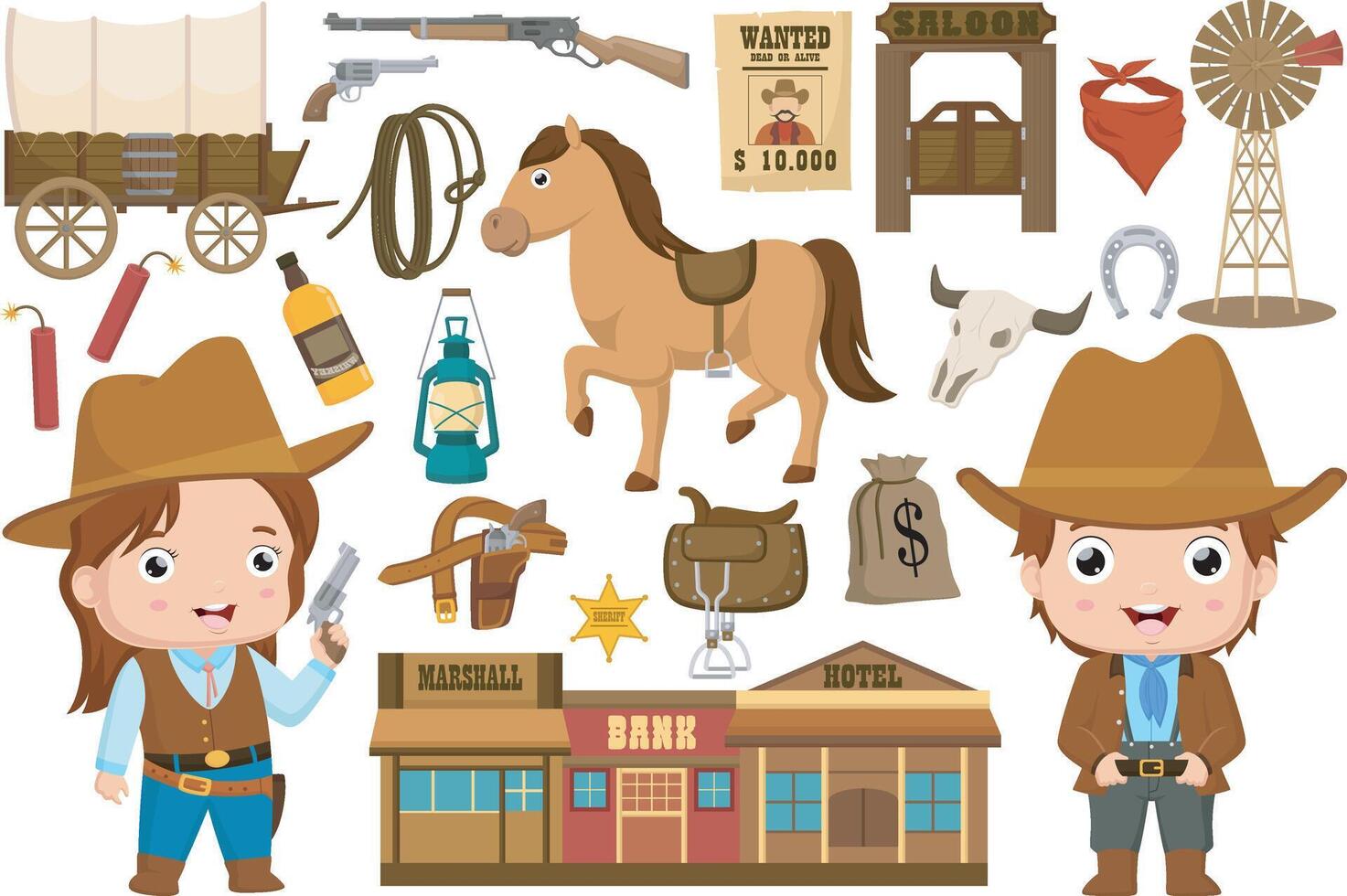 Set of wild west elements collection cartoon vector