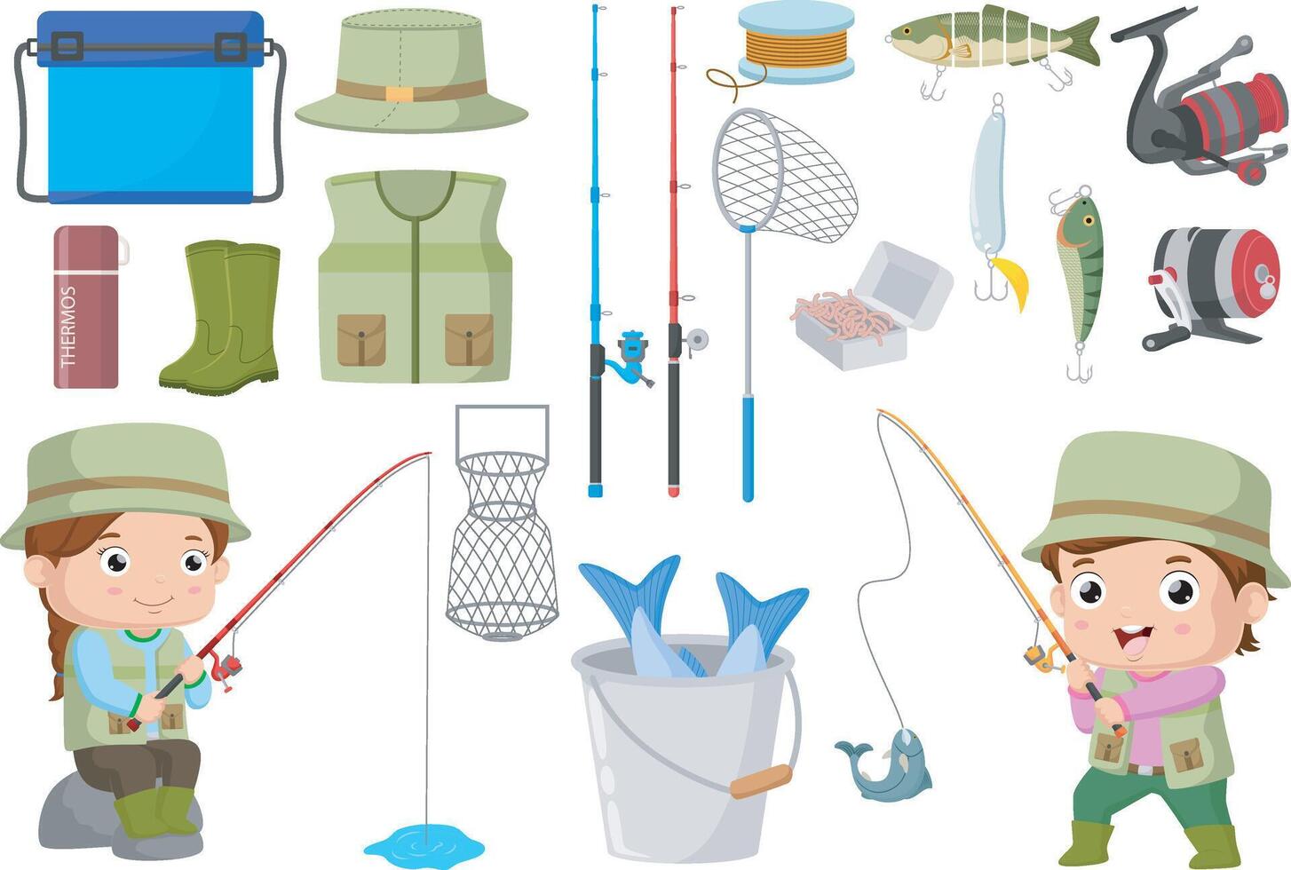Set of kids fishing fish cartoon with elements vector