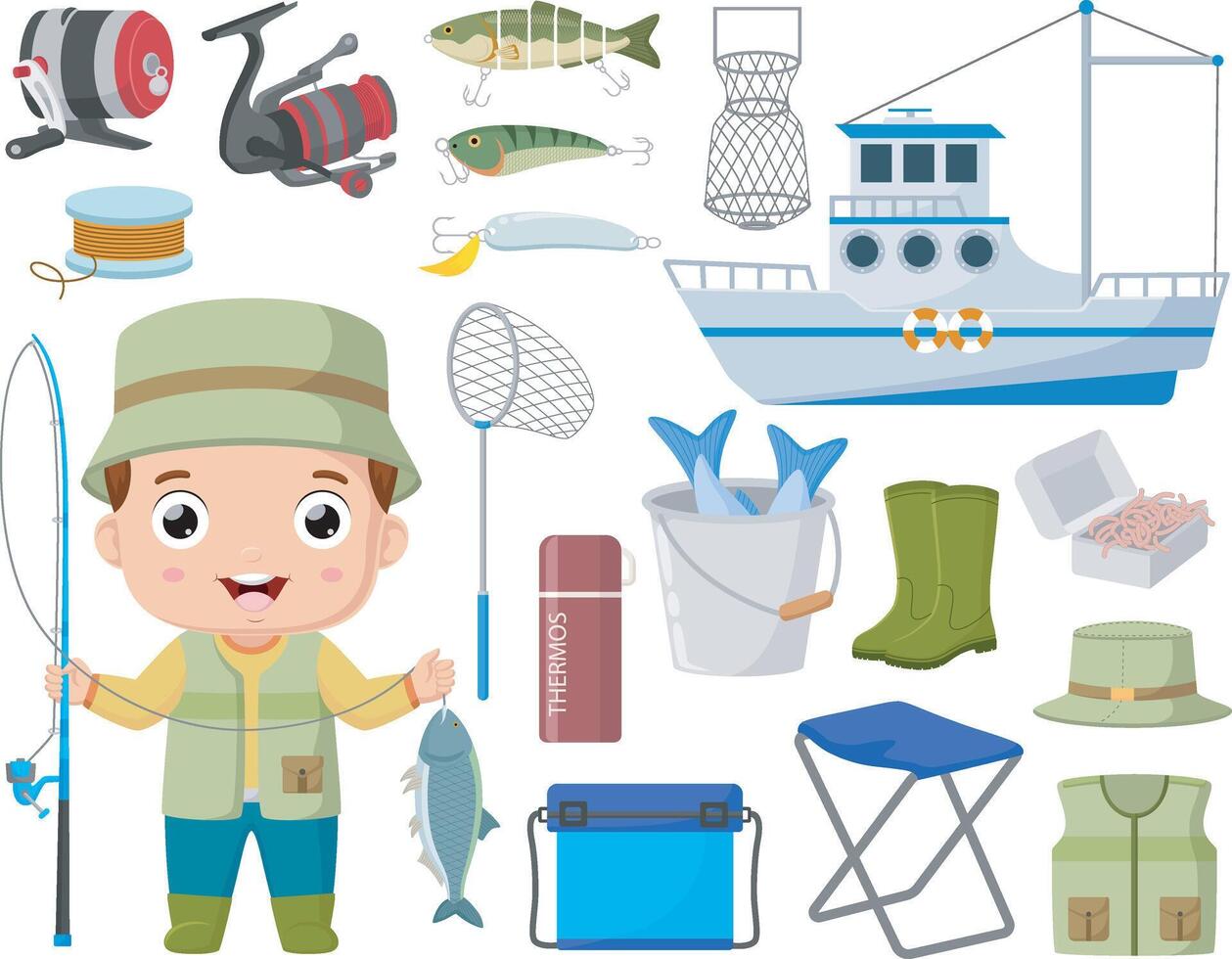 Cute little boy fishing cartoon with elements vector
