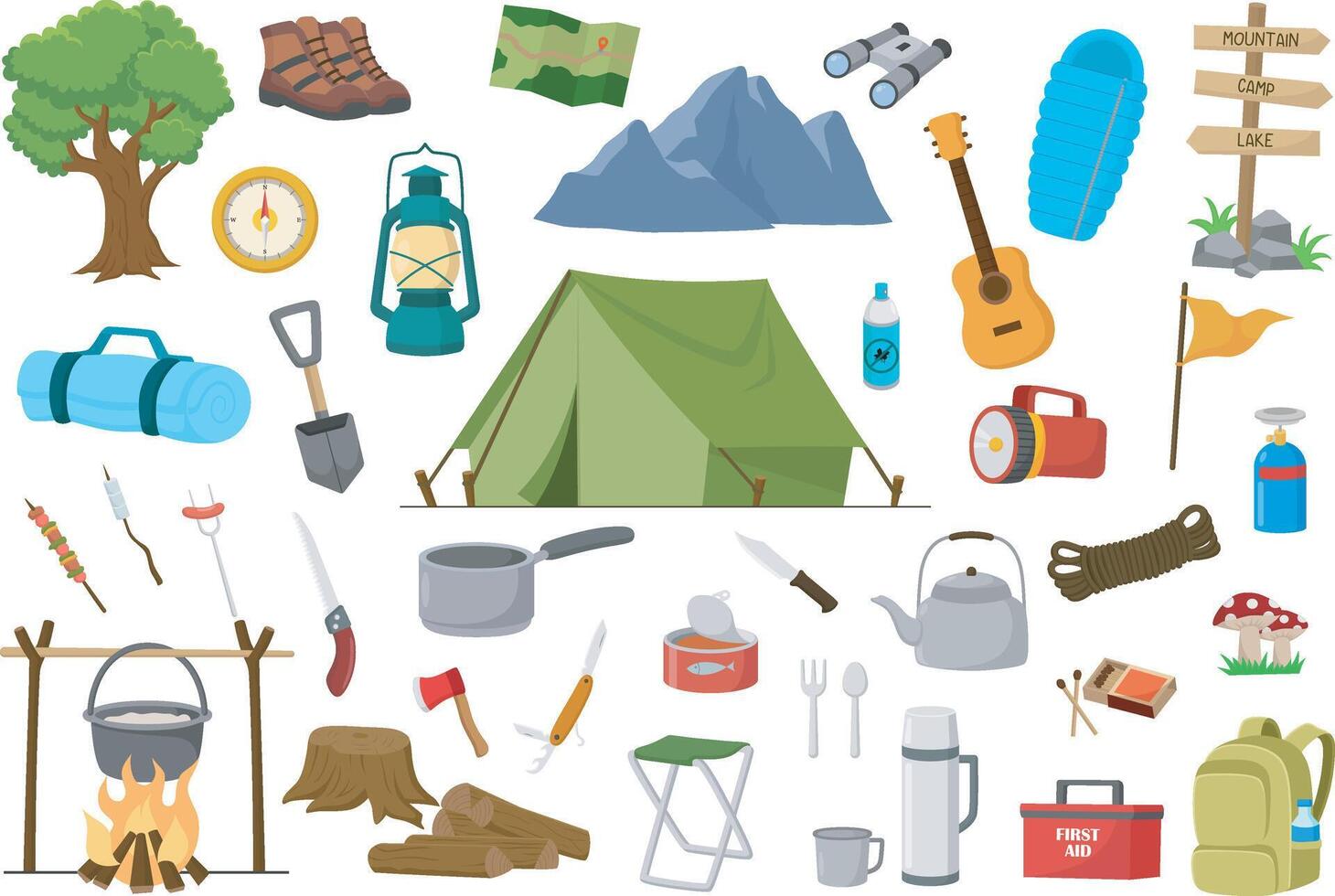 Set of camping equipment collection vector