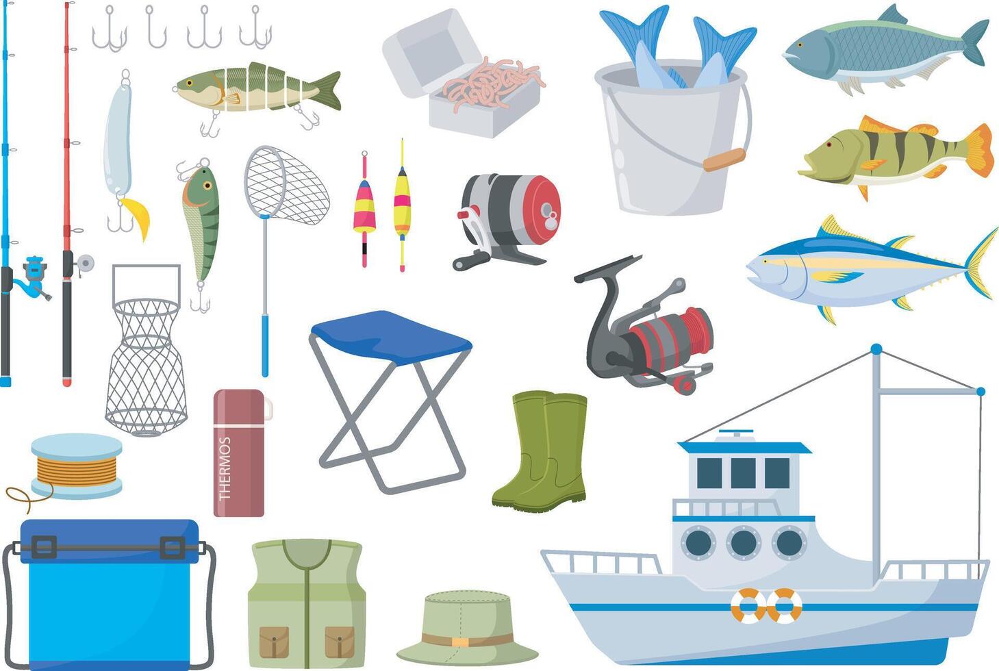 Set of fisherman elements on white background vector