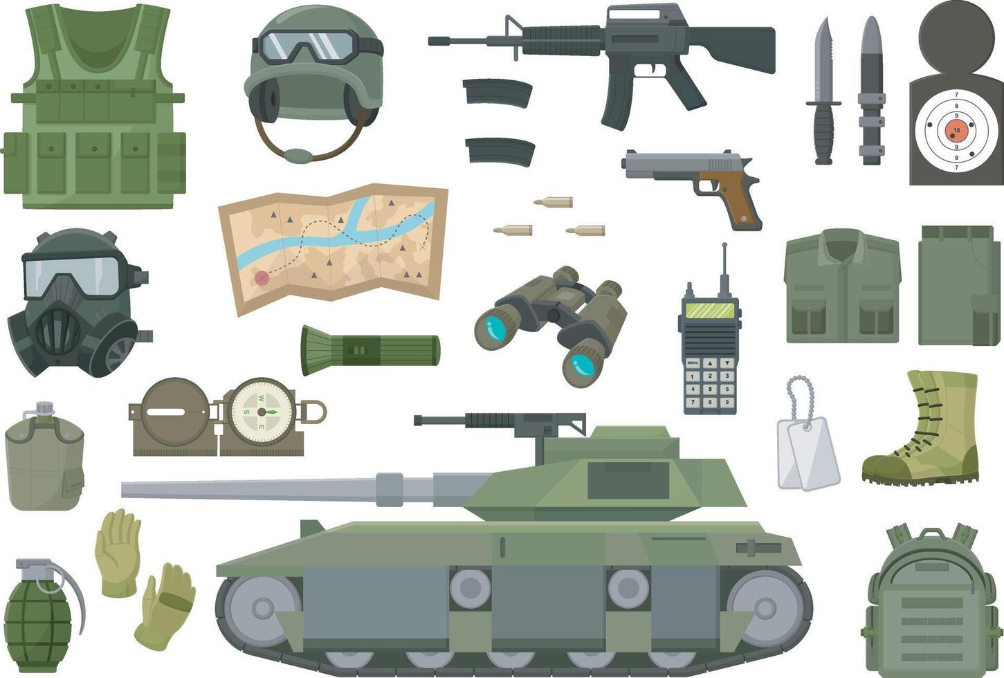 Set of military equipment on white background vector