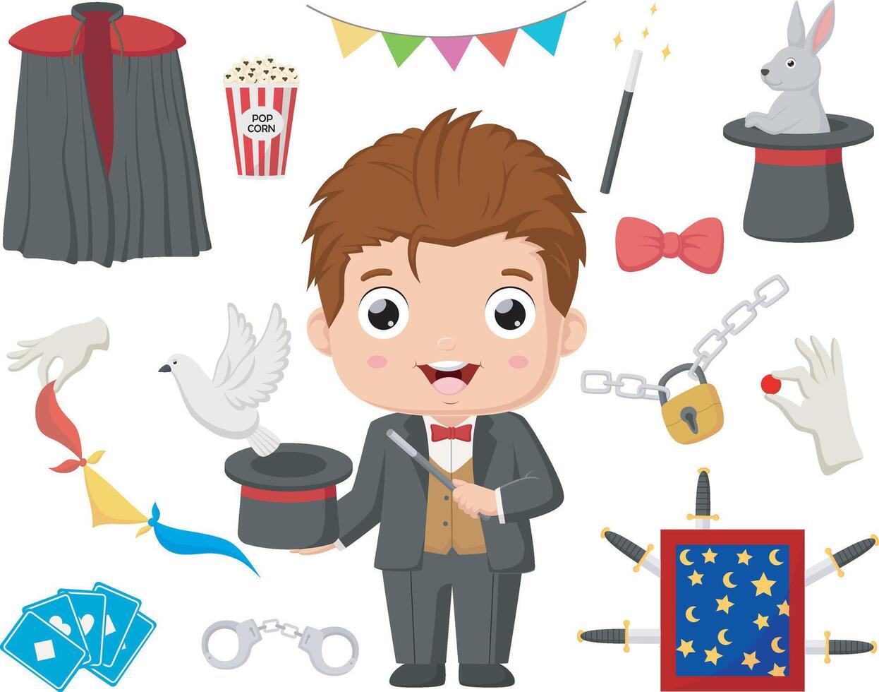 Cute magician kid with magic elements collection vector