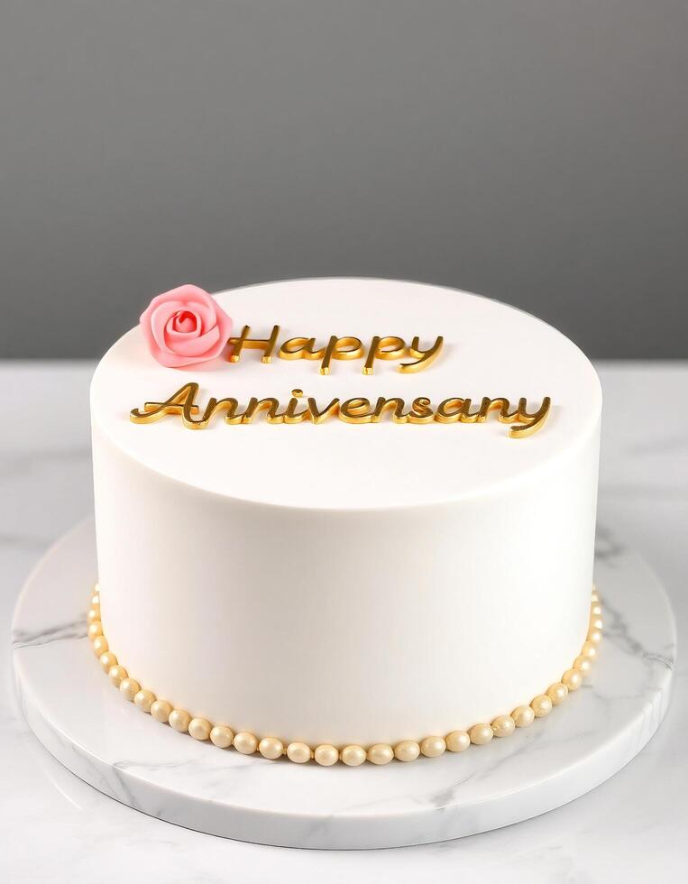 a white cake with the words happy anniversary written on it photo