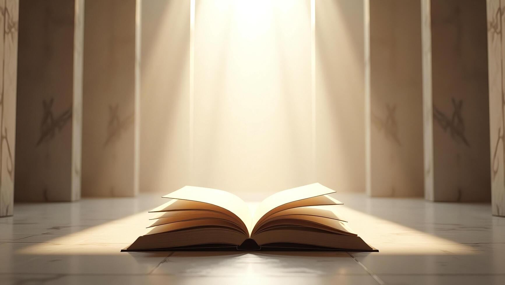 an open book is sitting on a floor in front of a light photo