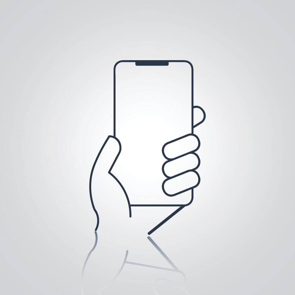 Hand holding smartphone icon, phone using left hand sign, with outlined with a silver background vector