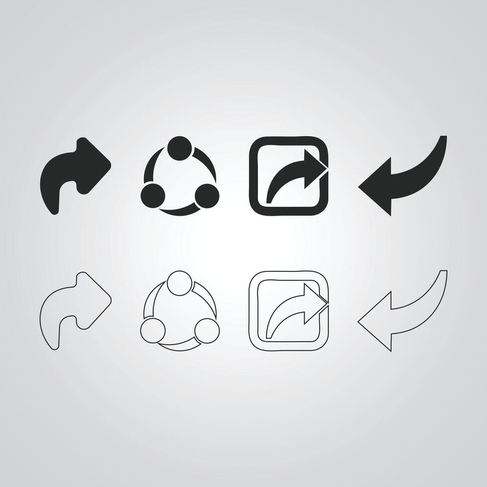 Share icons and sign with arrow in black color, also in outline with silver abstract background vector