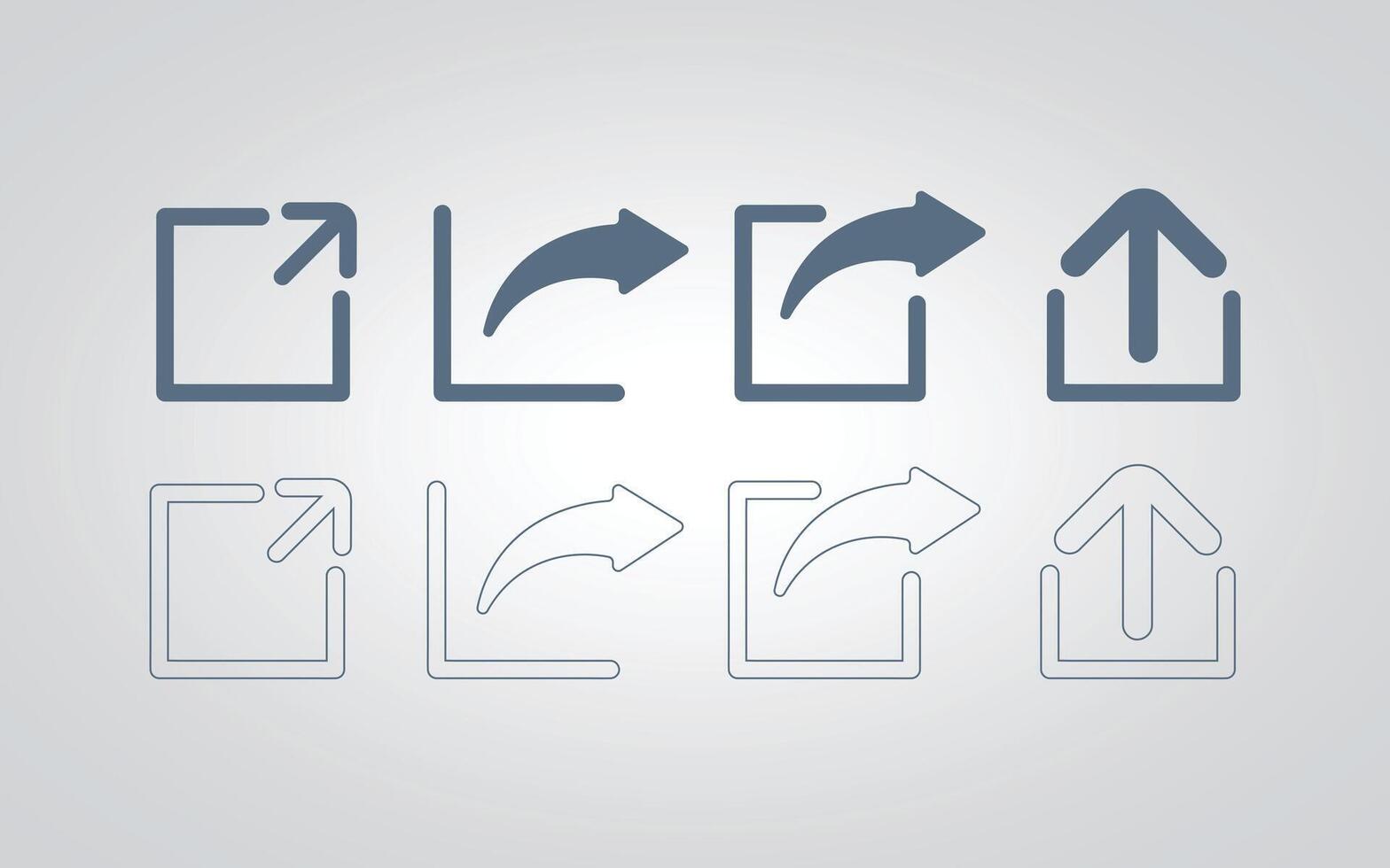 Set of share icons and sign with arrow in grey color, also in outline with silver abstract background vector