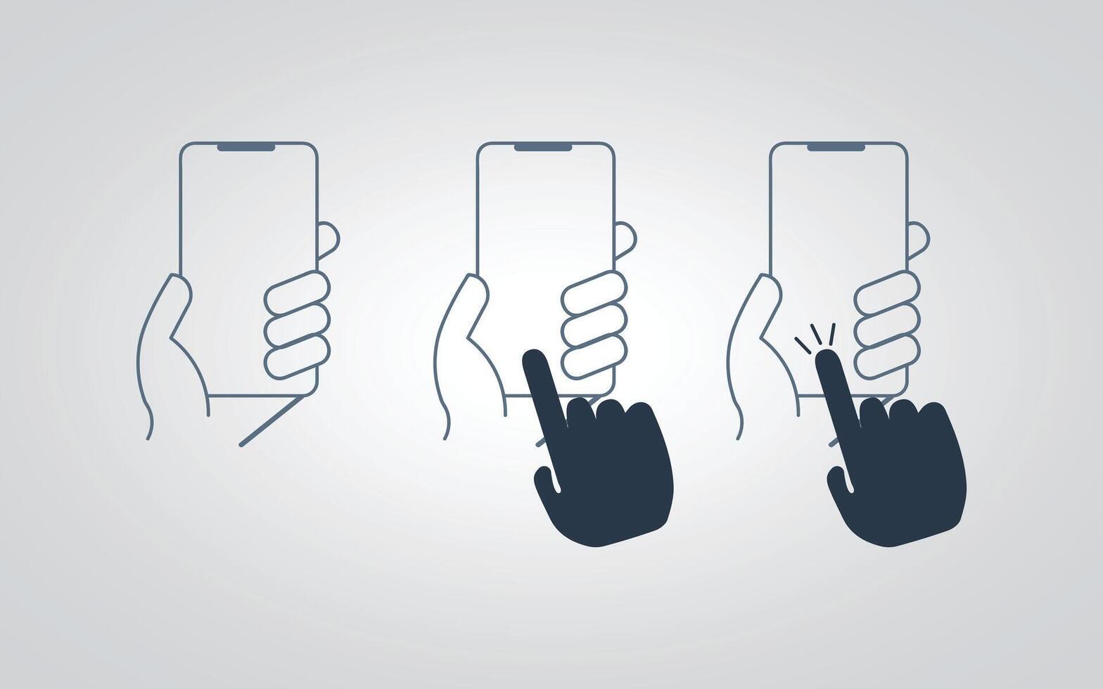 Hand touch screen smartphone icon, Hand holding smartphone icon, phone using left hand sign, vector