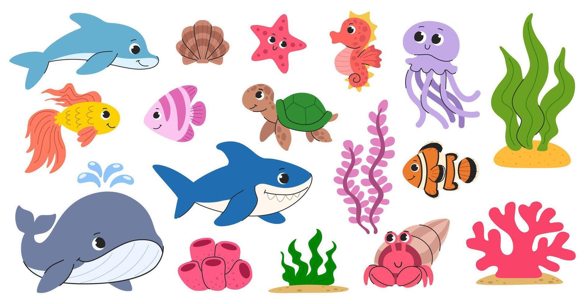 Cartoon kids set of sea animals, fish and seaweed. Underwater life elements collection - whale, shark, dolphin, fish and other sea creatures. vector