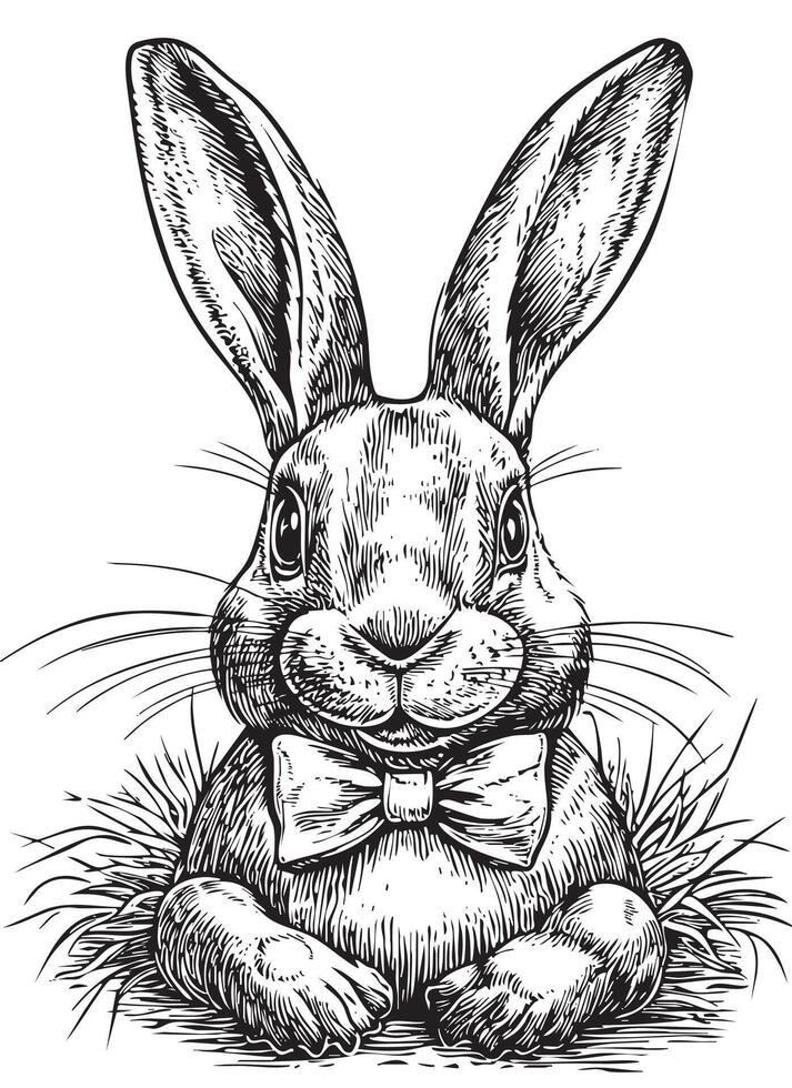 A black and white drawing of a rabbit with a bow tie vector