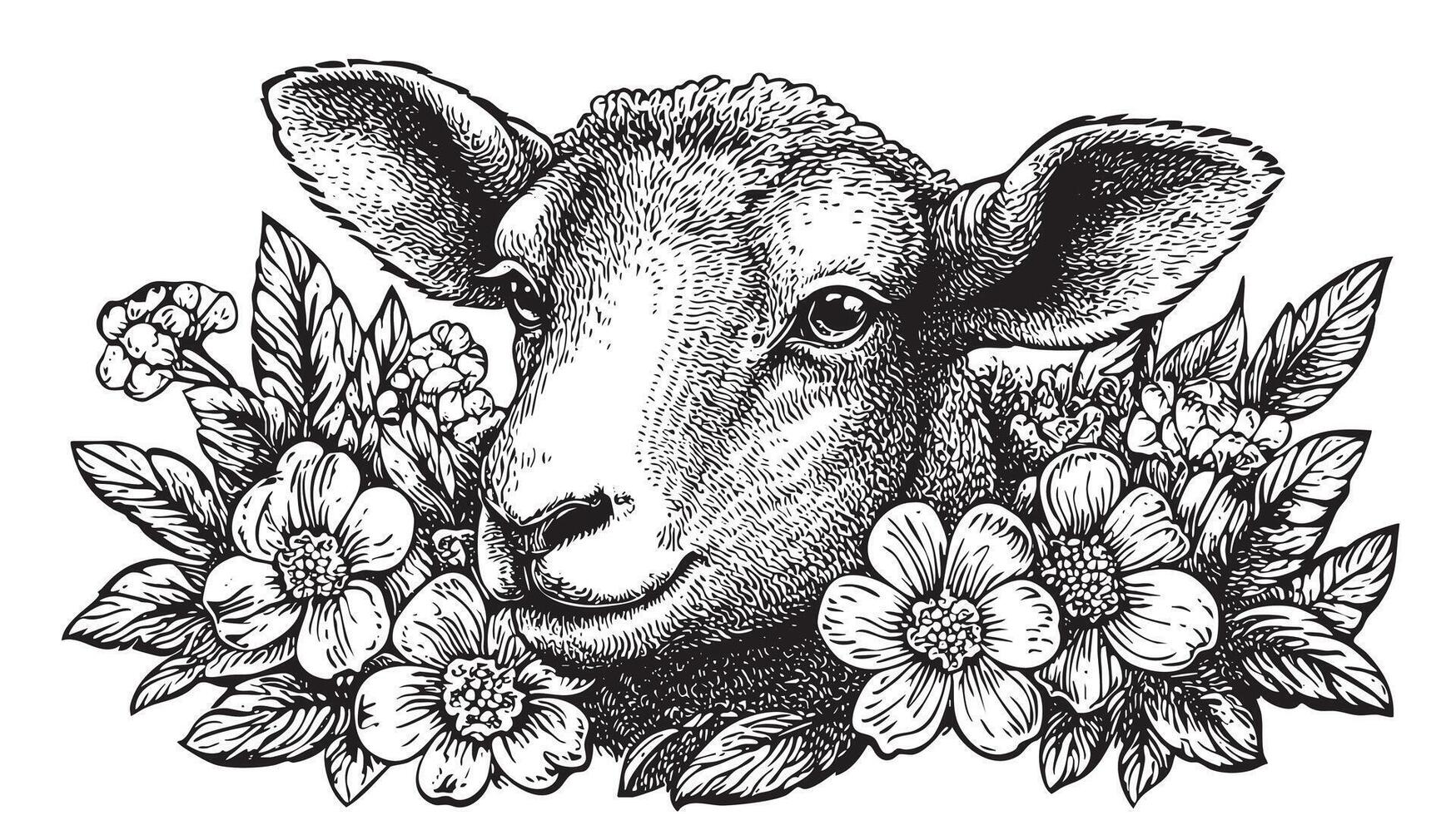 A black and white drawing of a sheep with flowers vector