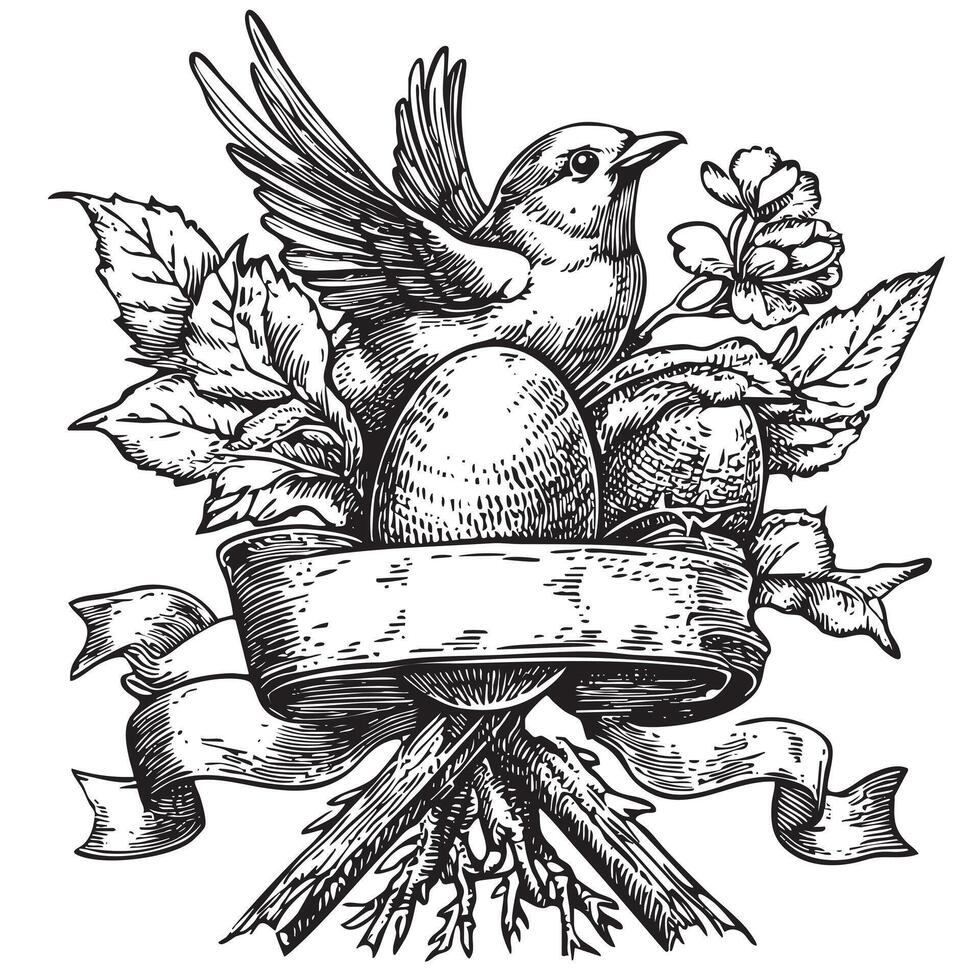 Easter bird with eggs and ribbon illustration vector