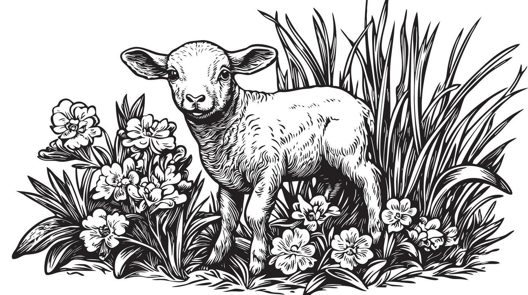 A black and white drawing of a lamb in the grass vector
