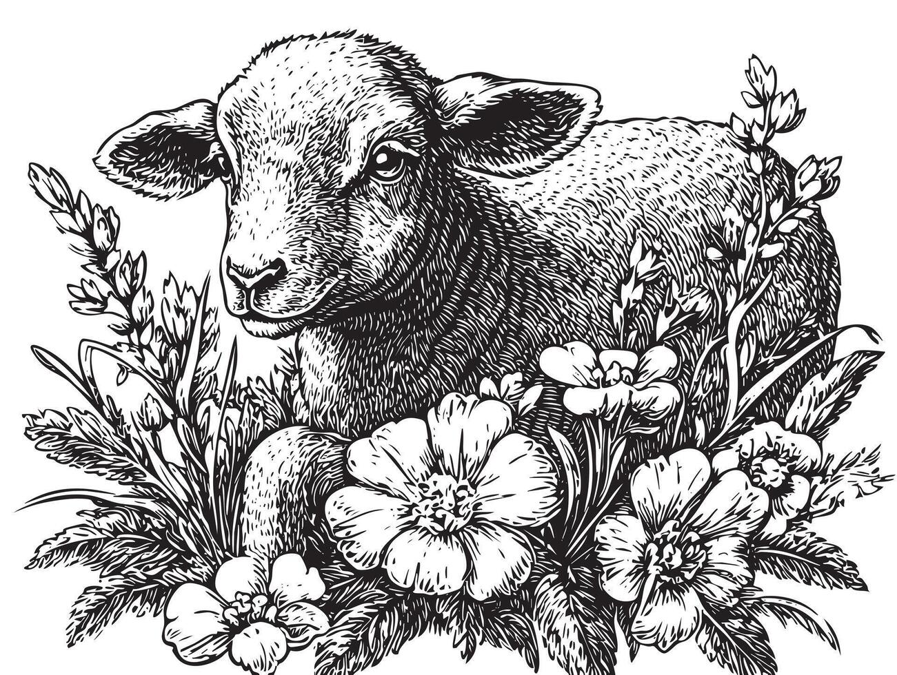 A black and white drawing of a sheep in the grass vector