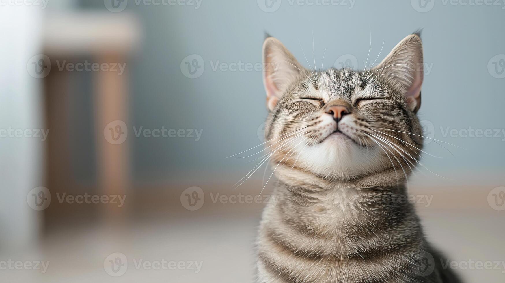 A cheerful cat with a content expression, sitting calmly against a soft blue background, exuding happiness and tranquility. photo