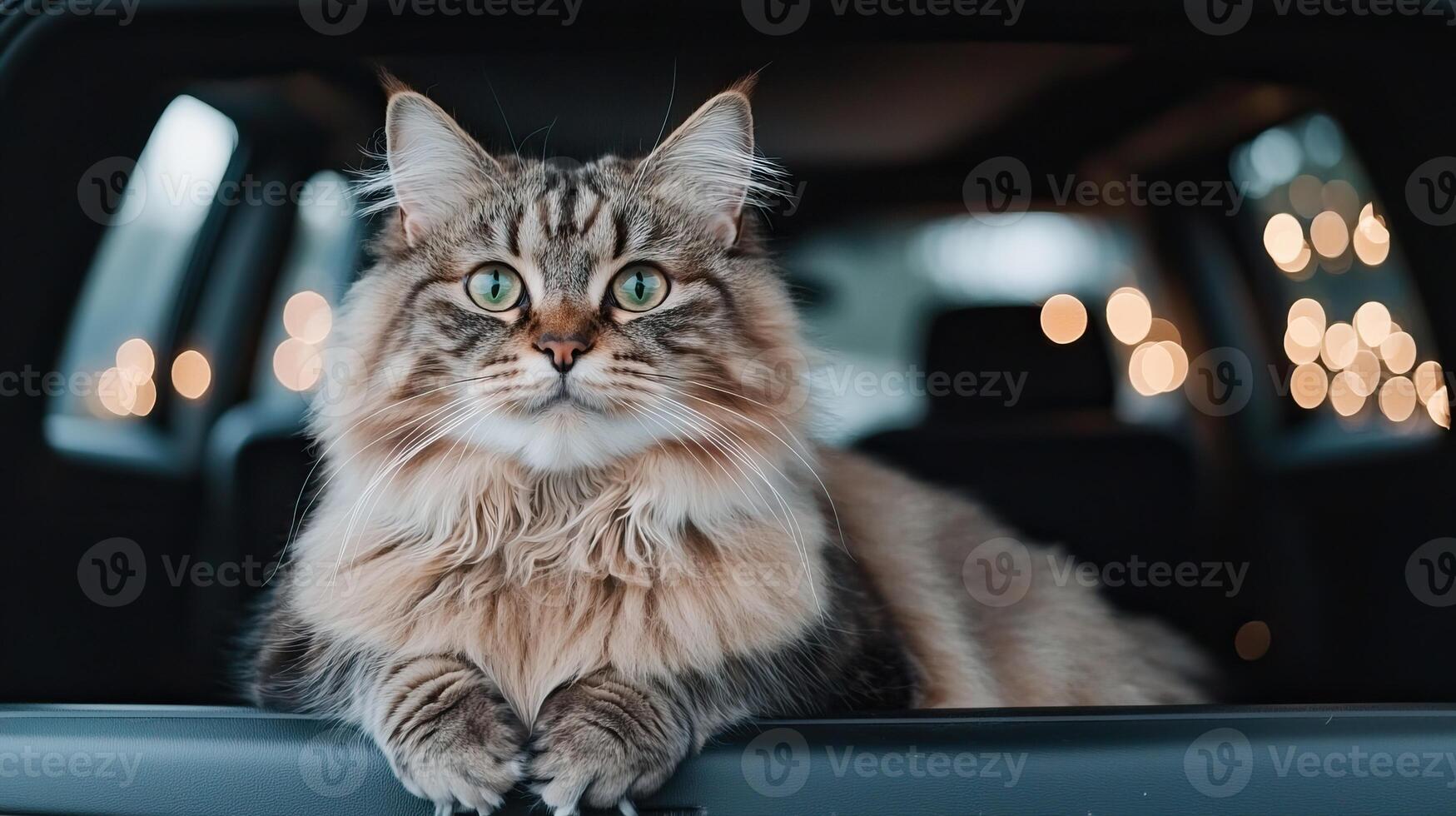 Glamping with a cat requires safe and comfortable travel. A fluffy cat with striking green eyes lounges comfortably in a car, surrounded by soft, ambient light from bokeh effects. photo