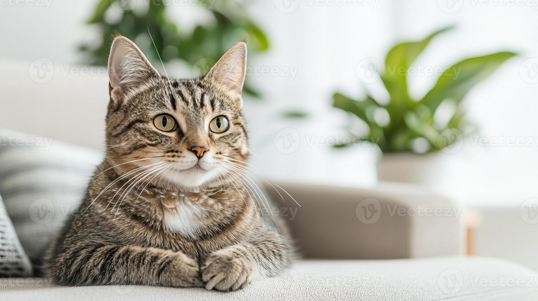 A domestic tabby cat relaxes on a light sofa, surrounded by greenery, showcasing its curious expression and peaceful demeanor. photo