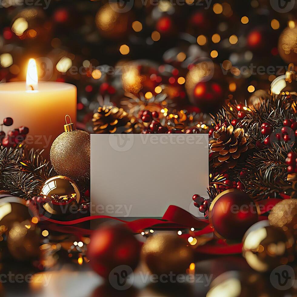 Blank Christmas card surrounded by golden warm and festive ambiance photo