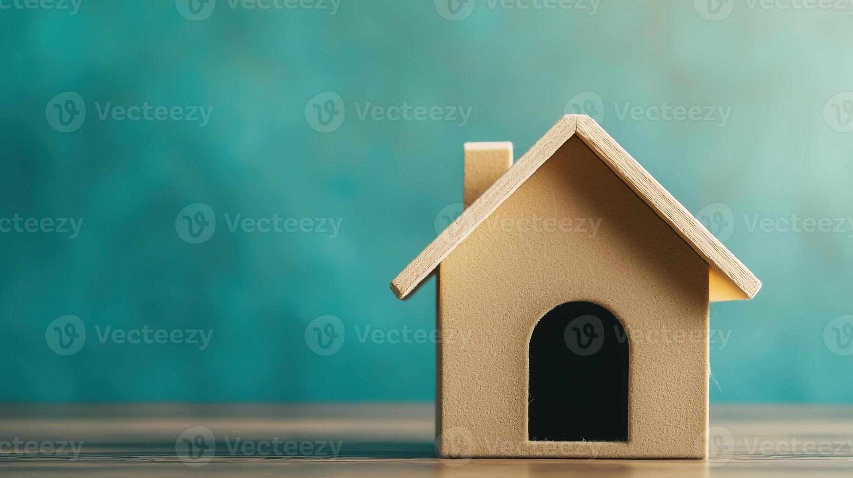 A small wooden house model sits on a surface against a soft, blurred teal background, suggesting themes of home, warmth, and comfort. photo