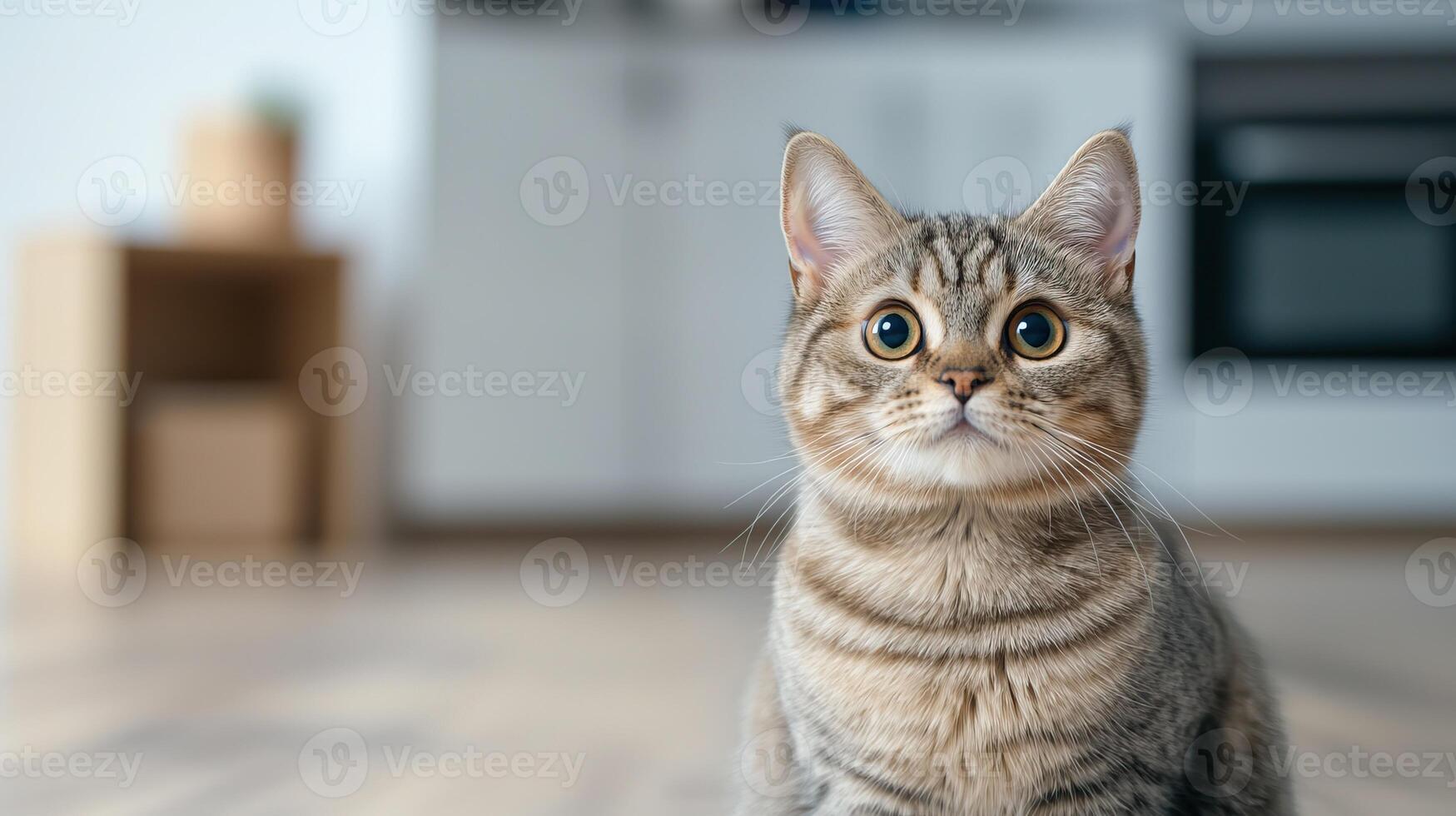 A curious cat sits in a cozy, modern home, blending charm and playfulness with its big eyes and striped fur. photo
