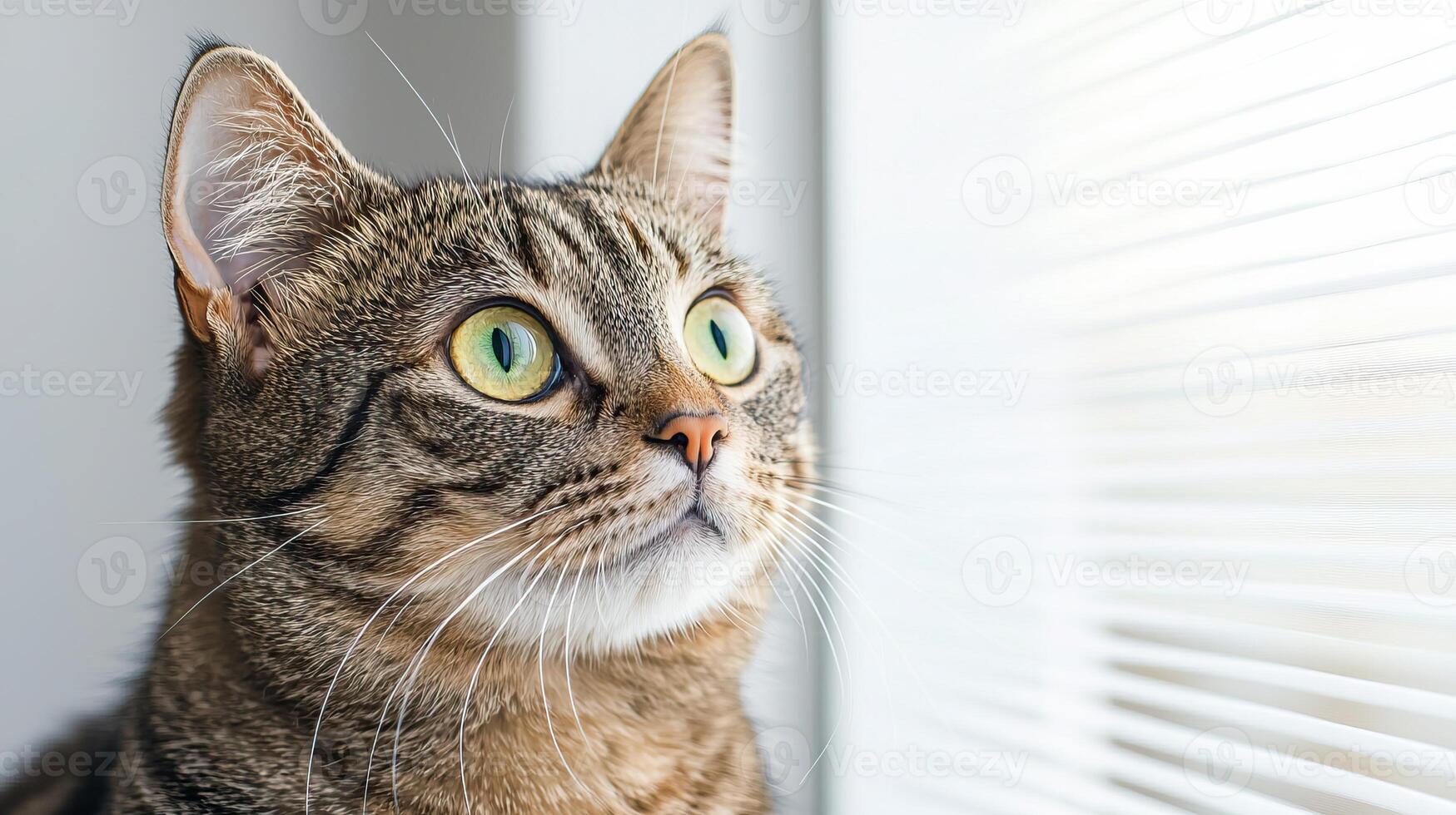 A curious tabby cat gazes intently out the window, its bright green eyes reflecting a sense of wonder and exploration. photo