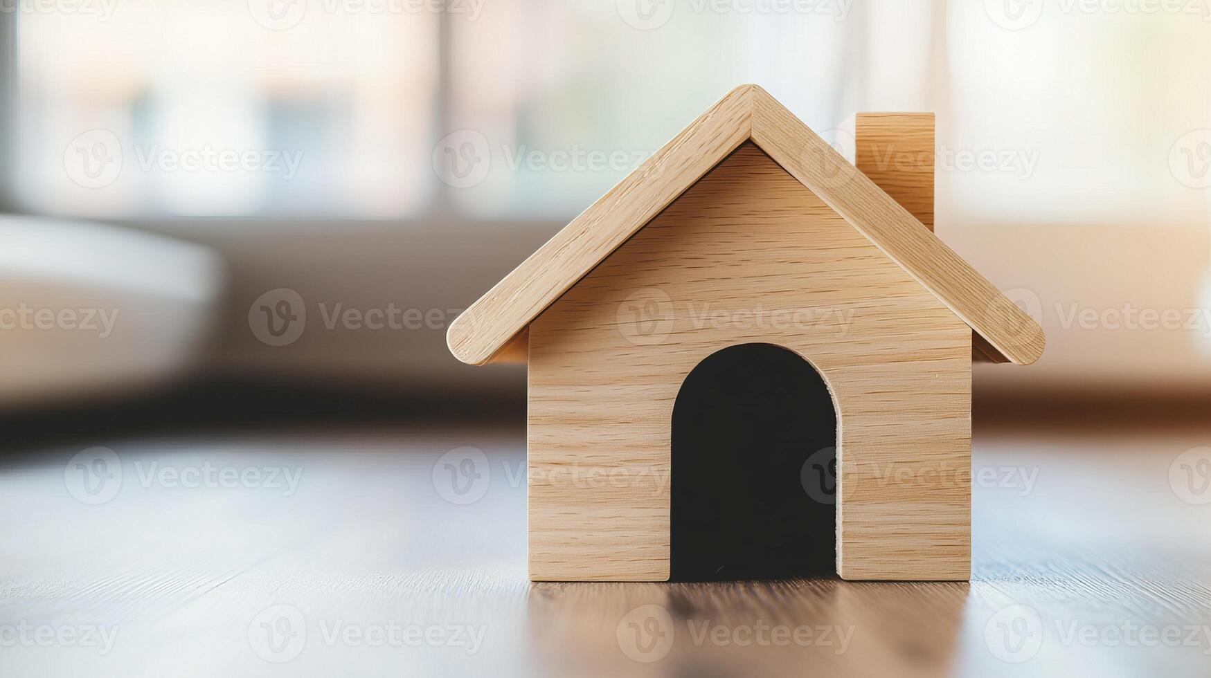 A wooden house model sits on a table, showcasing a simple design with a black door, set against a blurred indoor background. photo