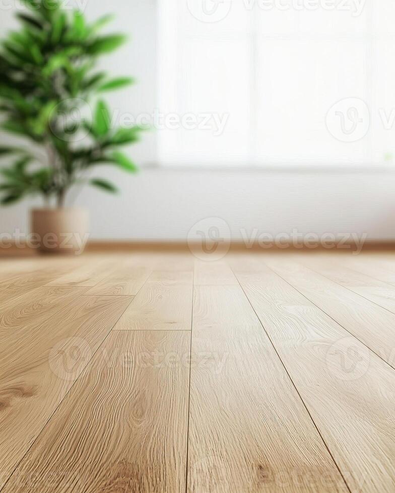 A warm, inviting room featuring wooden flooring and a potted plant, with sunlight filtering through a window. photo