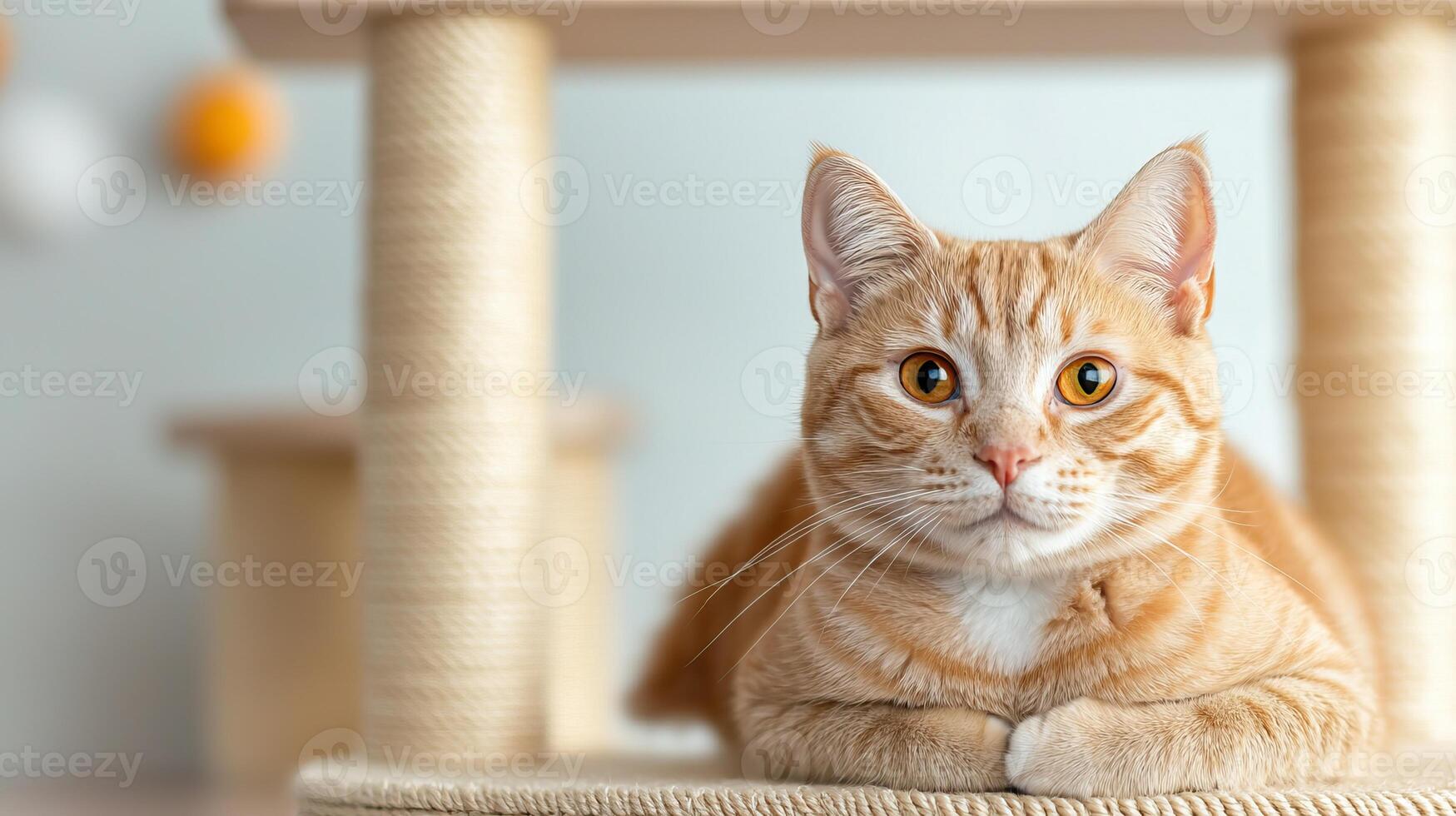 A charming orange cat relaxes on a scratching post, exuding curiosity and playfulness in a cozy indoor setting. photo