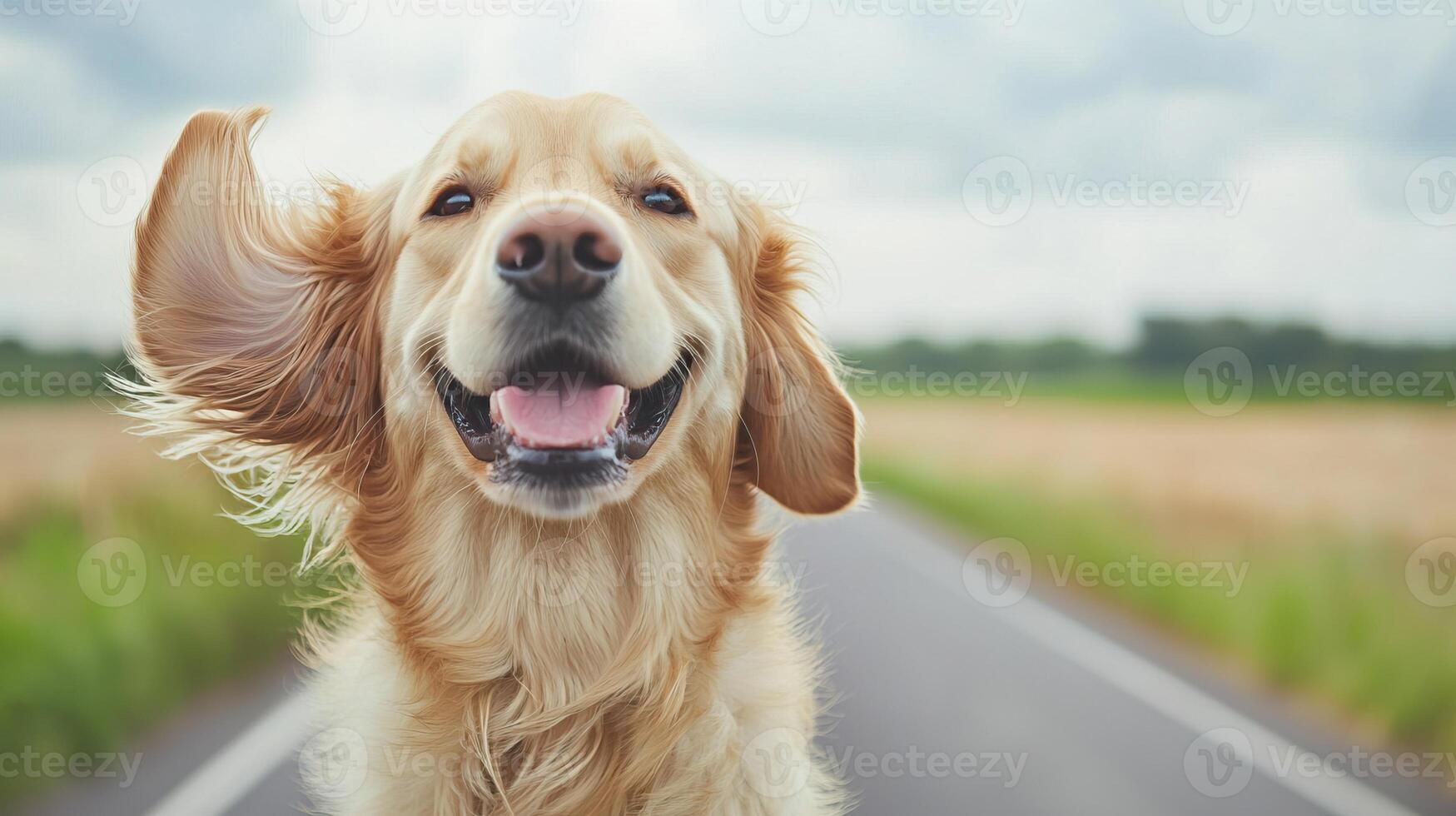 Proper ventilation ensures safe and comfortable dog travel. A cheerful golden retriever smiles happily on a scenic country road, surrounded by lush greenery and a cloudy sky. photo