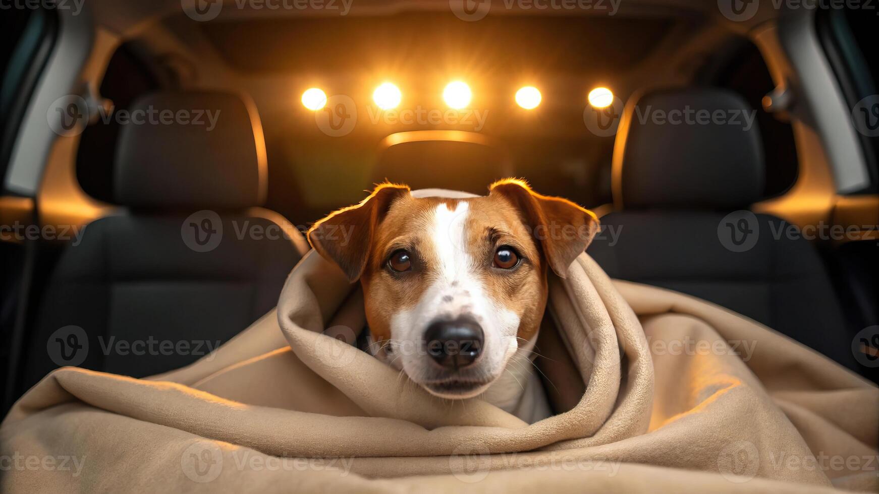 Ensure your dog's comfort during every car ride. A cozy dog wrapped in a blanket sits in a car, illuminated by warm lights, exuding comfort and companionship. photo