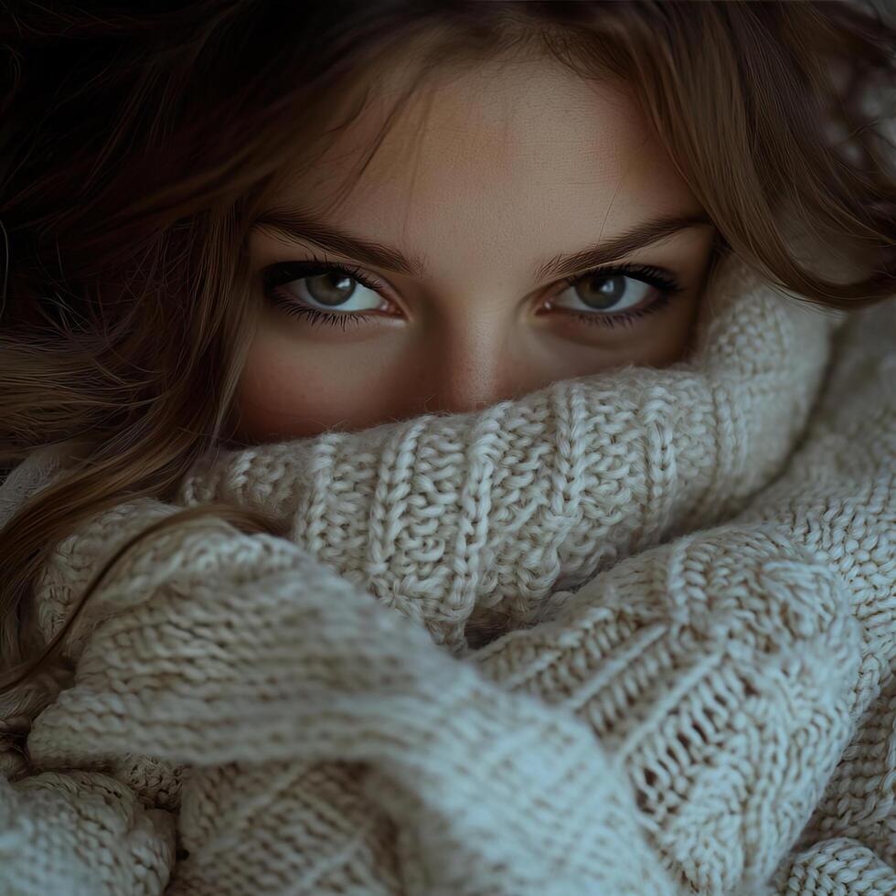 Girl snuggled up in bed, her face completely covered by a blanket, creating a sense of warmth and comfort photo