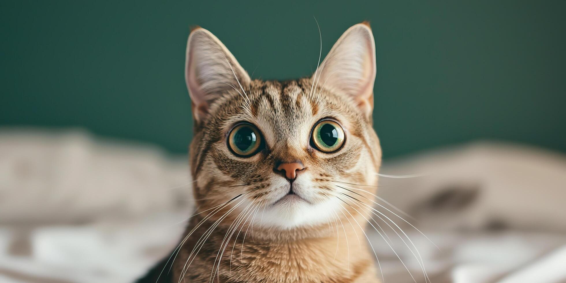 A curious tabby cat gazes intently, showcasing its striking green eyes against a soft, neutral background. photo