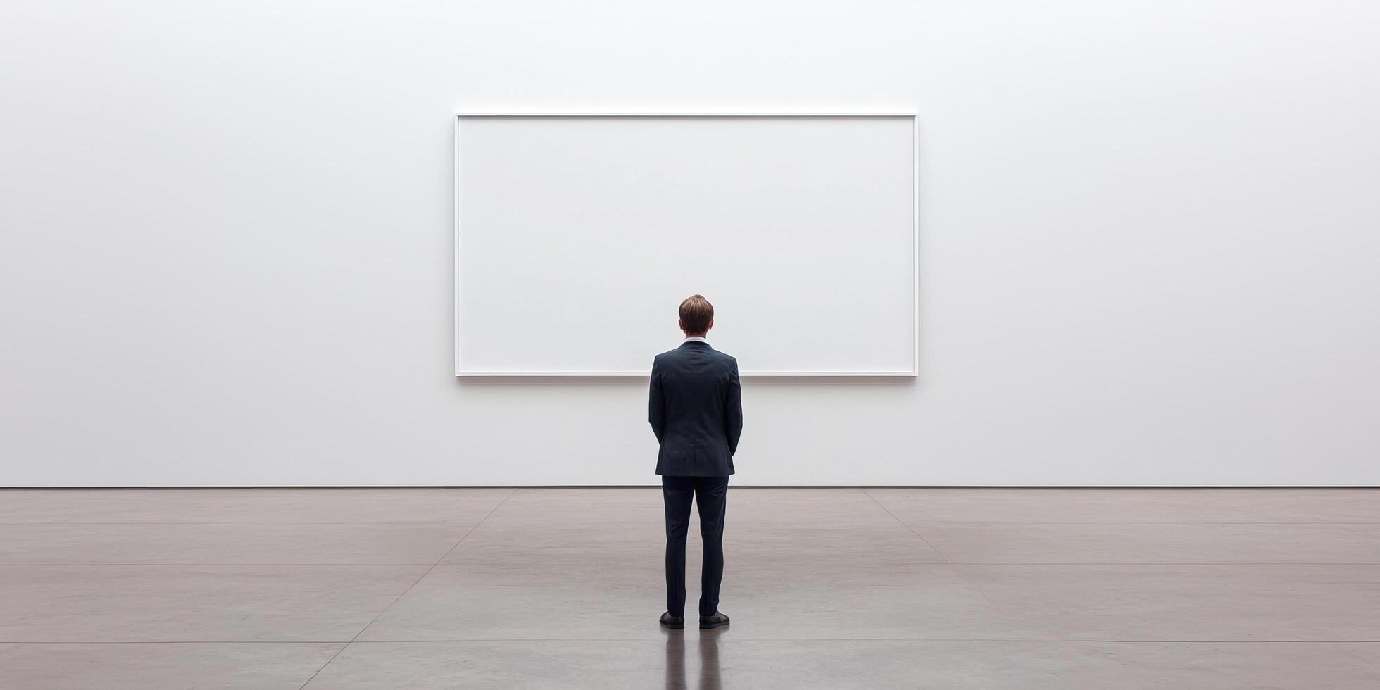A man in a suit stands before a blank wall in a minimalist gallery, reflecting on the absence of art and the space's emptiness. photo